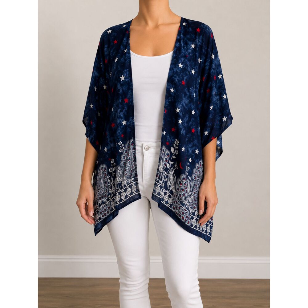 J Francis Women's Open Front Kimono Cardigan Size L Blue Star Peacock Print